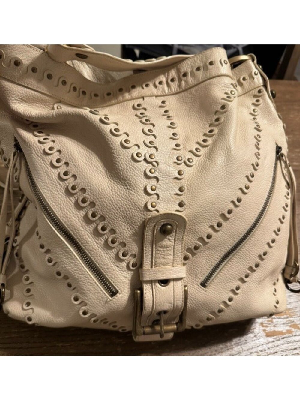 Vtg Besso Cream Italy Studded Leather Shoulder hobo Bag Y2K Western Boho Buckle - Picture 2 of 16
